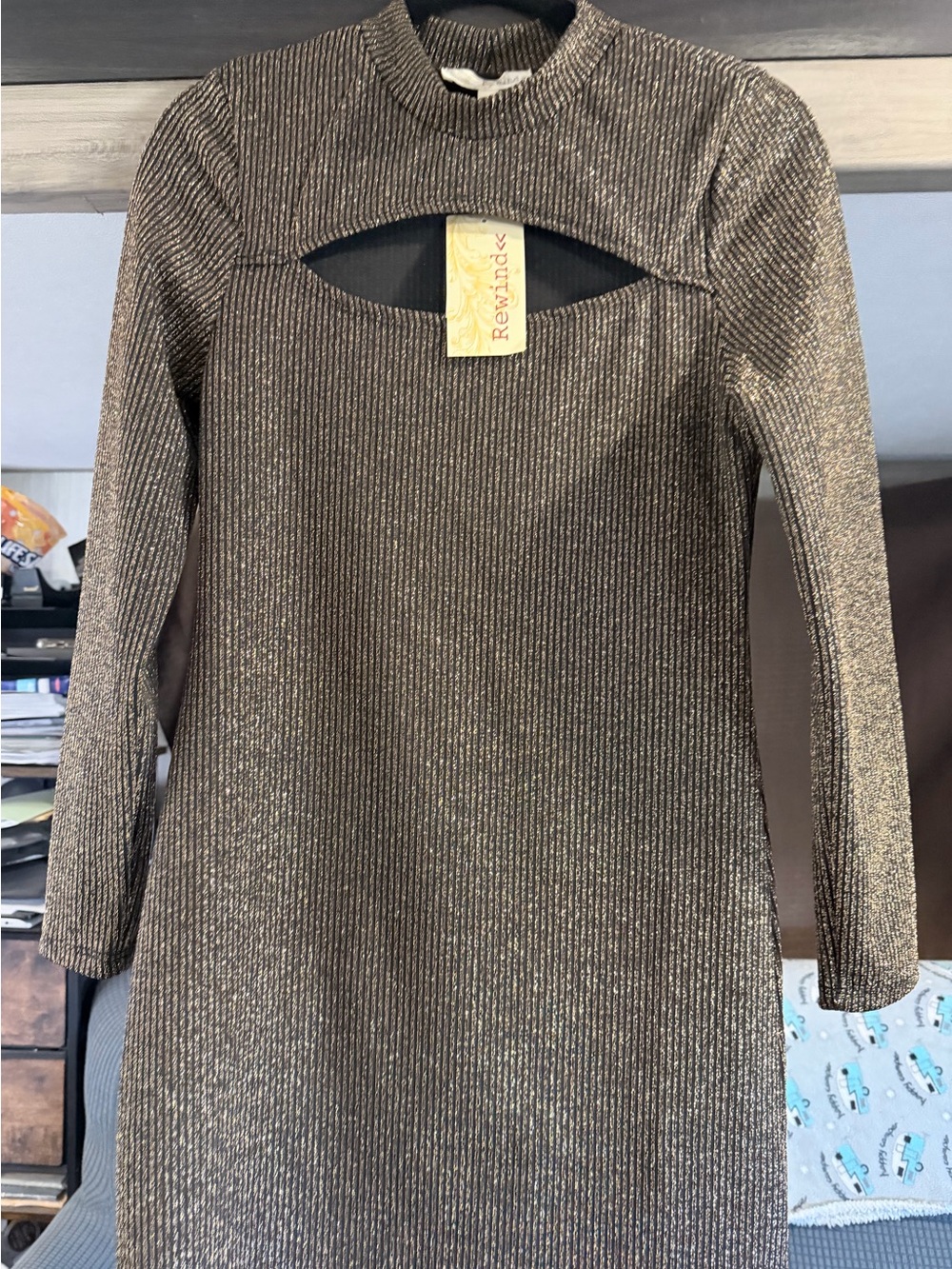 Kohl's Black and Gold Metallic Ribbed Long Sleeve Dress